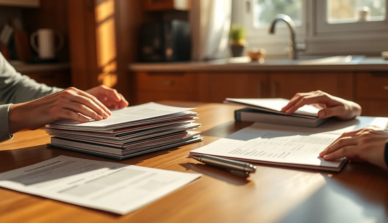 Two people at a kitchen table exchanging organized financial folders during divorce