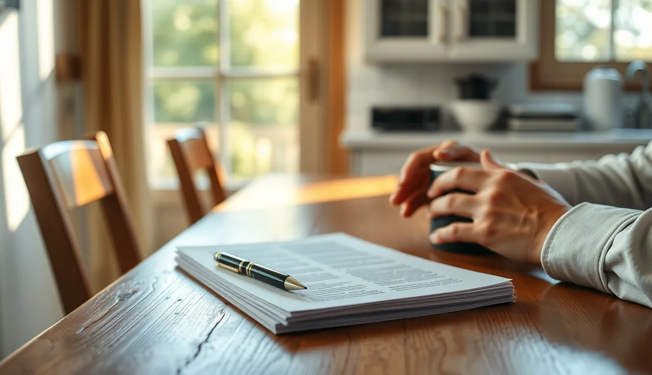 Person reviewing unsigned divorce settlement papers at a kitchen table