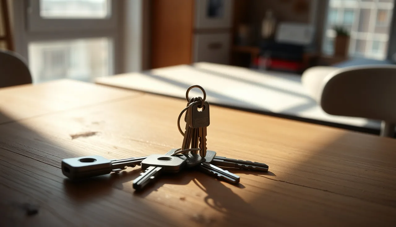 Two sets of apartment keys on a table during a divorce housing dispute