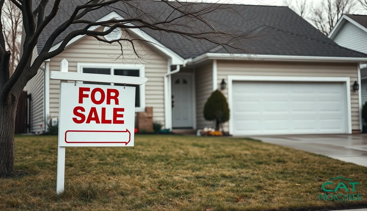 For-sale sign in front of a house with an open garage and moving box