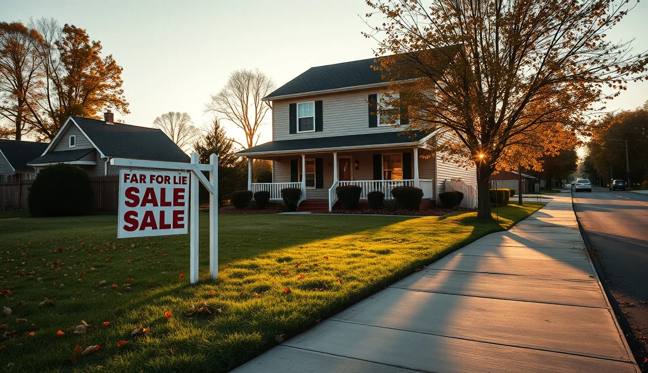 Suburban house with a for sale sign in the yard during divorce property sale
