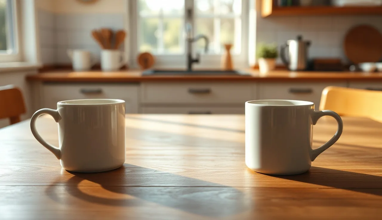 Two coffee mugs separated on a wooden kitchen table, suggesting divorce and student loan division