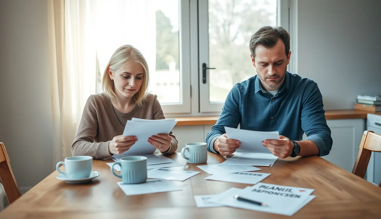 Two people reviewing divorce and prenup documents at a kitchen table