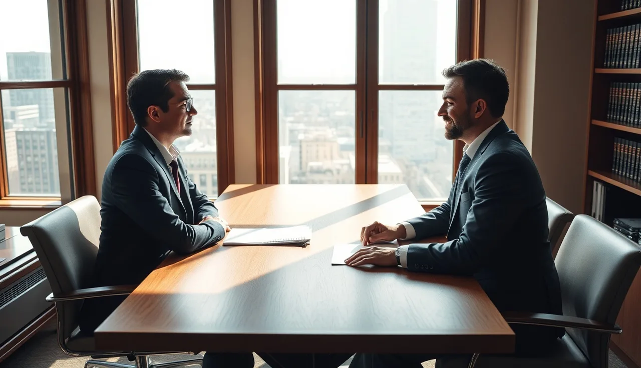 Two people reviewing divorce settlement documents at a wooden office table