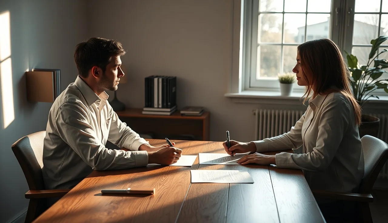 Two people reviewing pension division paperwork at a table during a divorce