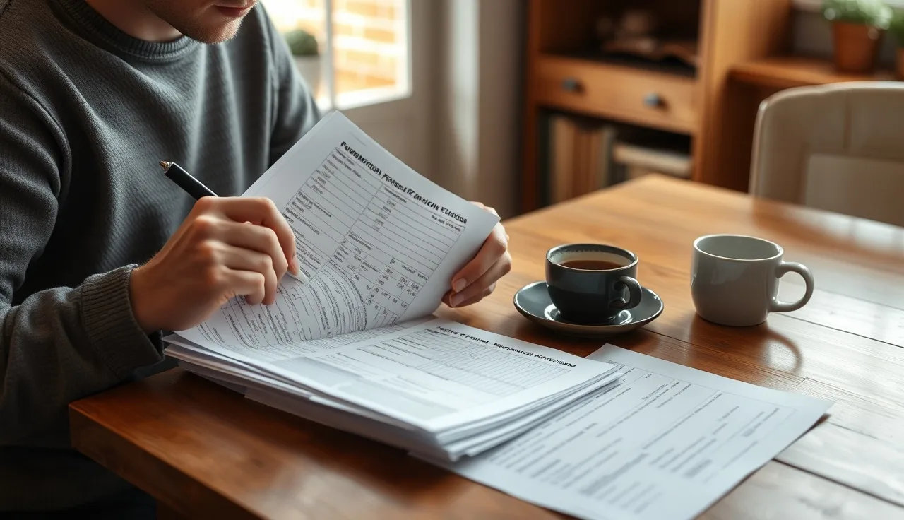 Person reviewing financial statements and divorce disclosure forms at a kitchen table