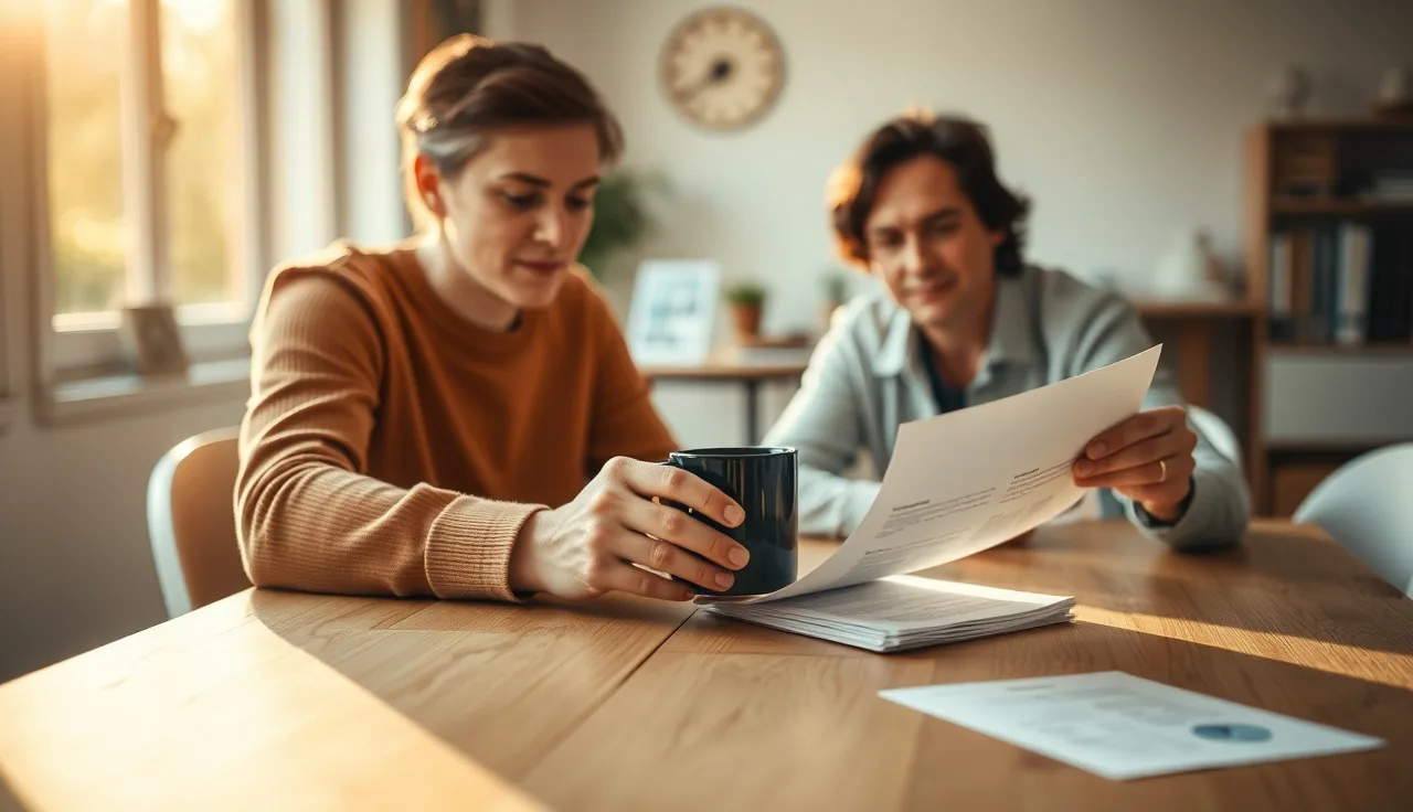 Married couple reviewing a postnuptial agreement at a wooden table