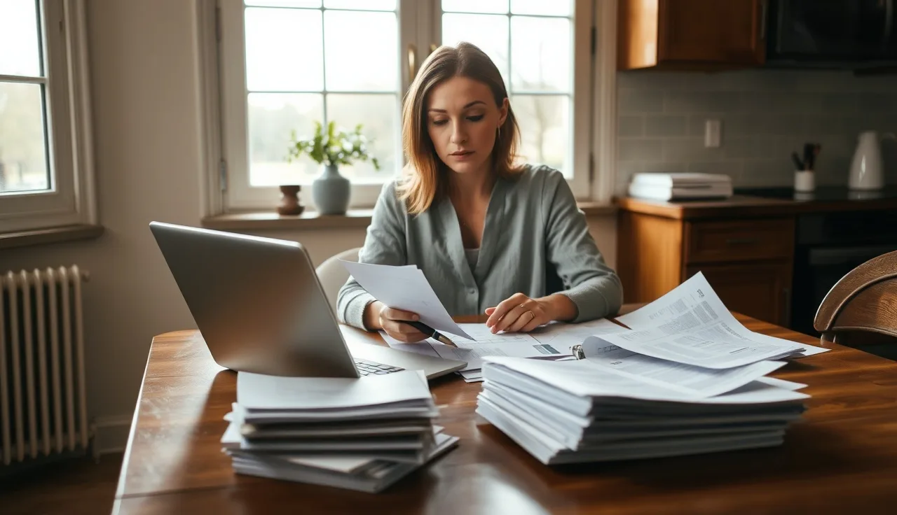 Woman organizing financial documents at kitchen table during divorce disclosure process