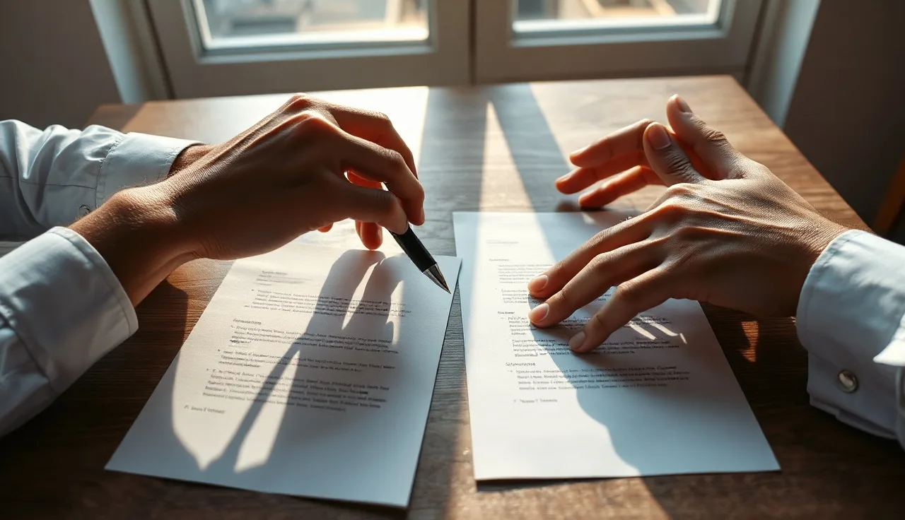 Two people at a table with unsigned retirement division paperwork between them