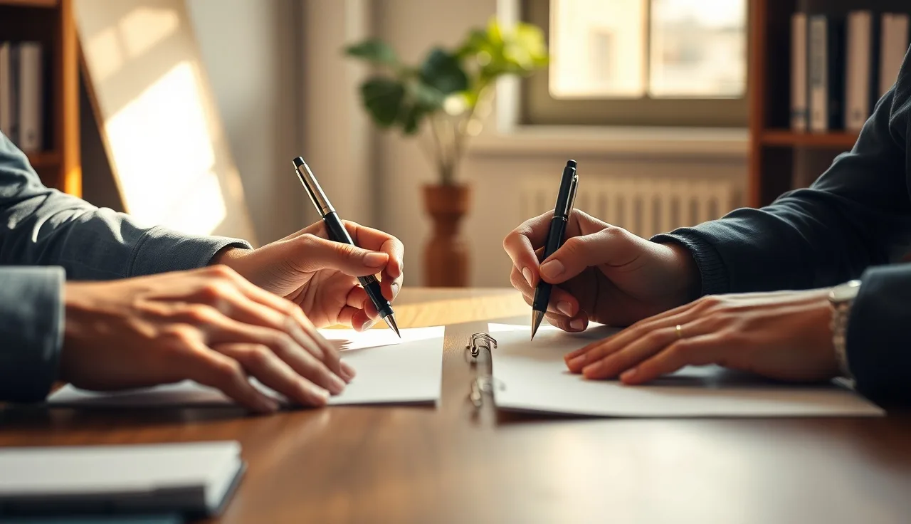 Two people at a table reviewing retirement account division paperwork during divorce