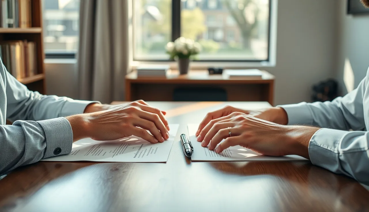 Two spouses reviewing unsigned property agreement documents at a wooden table