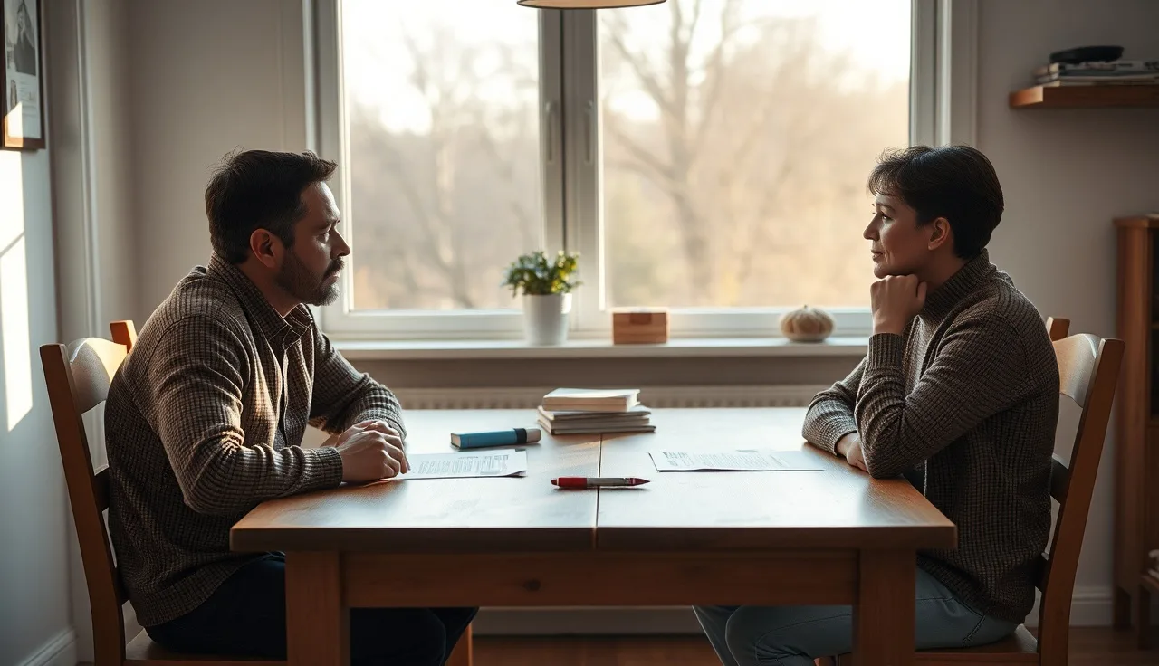 Two people sitting at a table dividing property during an uncontested divorce discussion