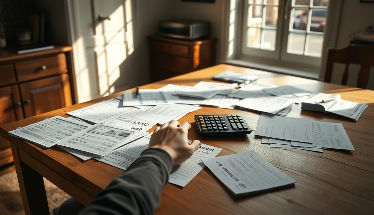 Bank statements spread across a kitchen table showing marital financial records during divorce