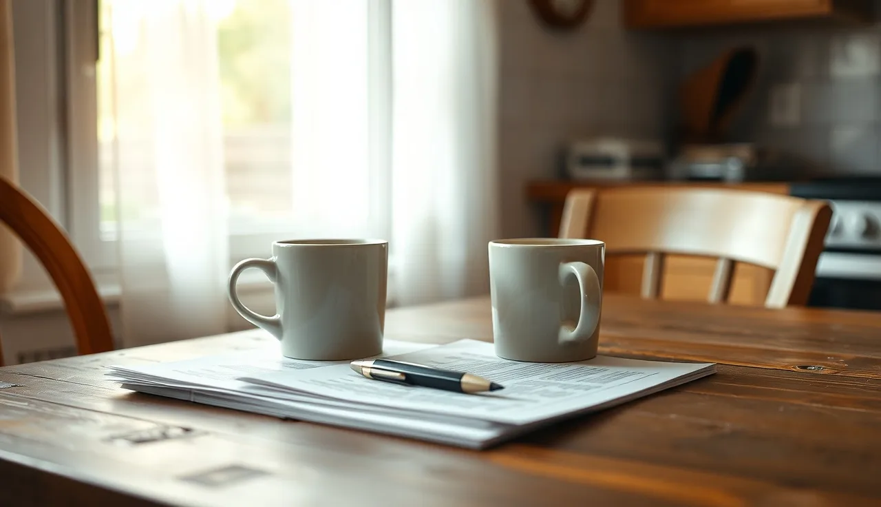 Two coffee mugs and papers on a kitchen table during a divorce discussion