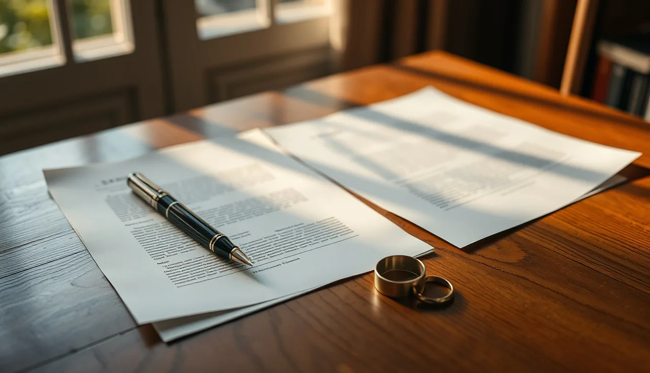 Unsigned legal documents and wedding ring on a wooden table in morning light