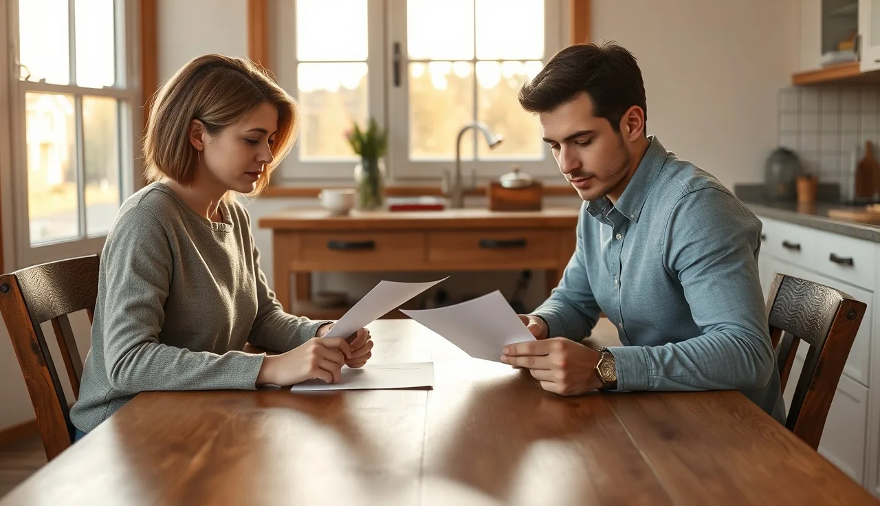 Two spouses at a kitchen table reviewing property settlement agreement papers in afternoon light