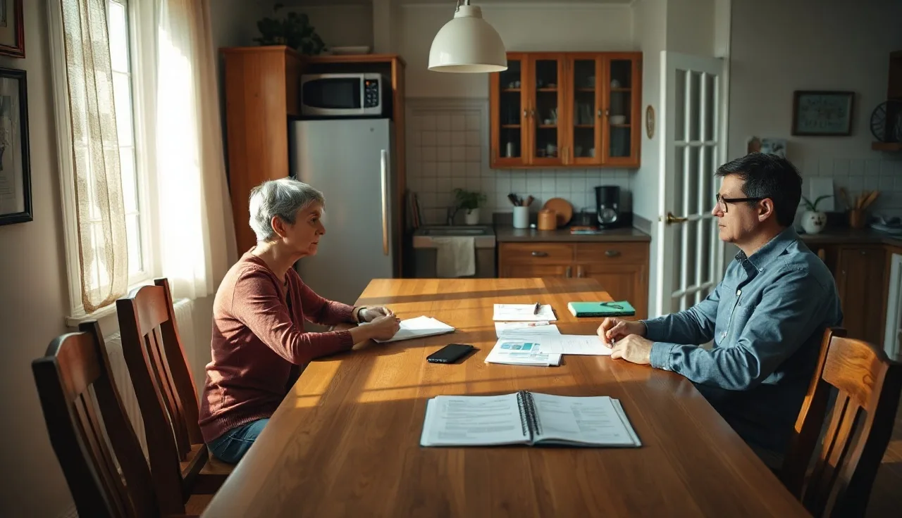 Two spouses sitting apart at a kitchen table reviewing financial documents during divorce
