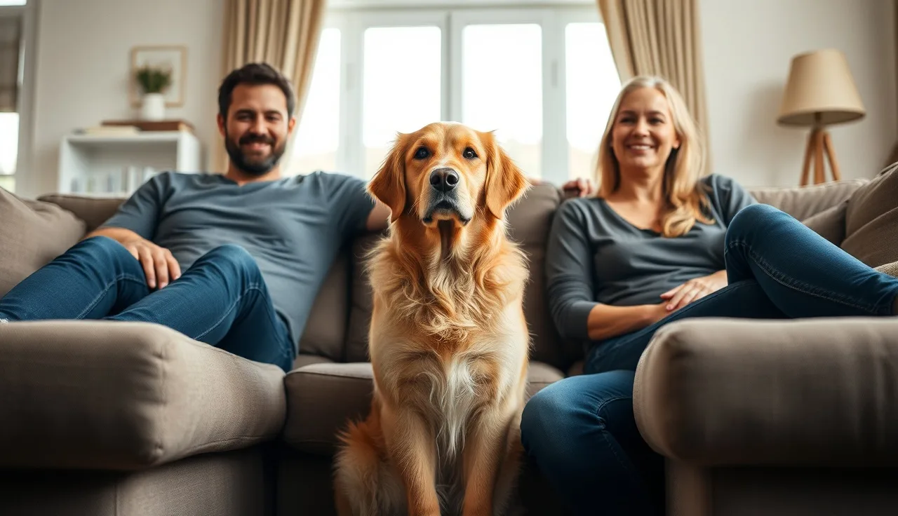 Golden retriever sitting between two separated adults on a living room couch