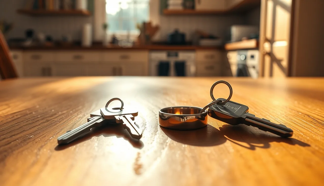 Wedding ring and two house keys on a wooden table representing community property division