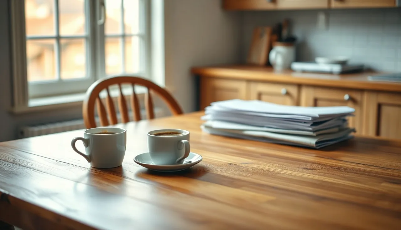 Two coffee cups and paperwork on a kitchen table representing credit card debt division after divorce