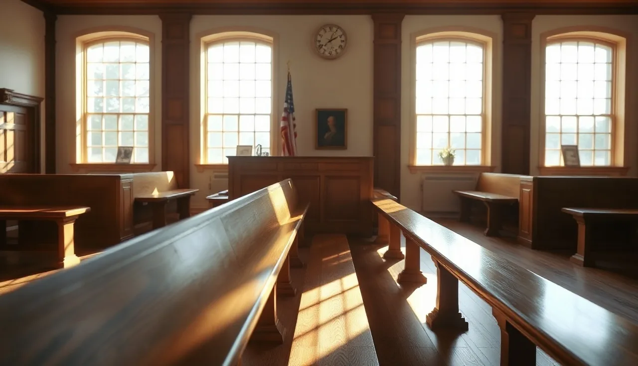 Sunlit empty courtroom bench inside an Alabama county courthouse in the morning