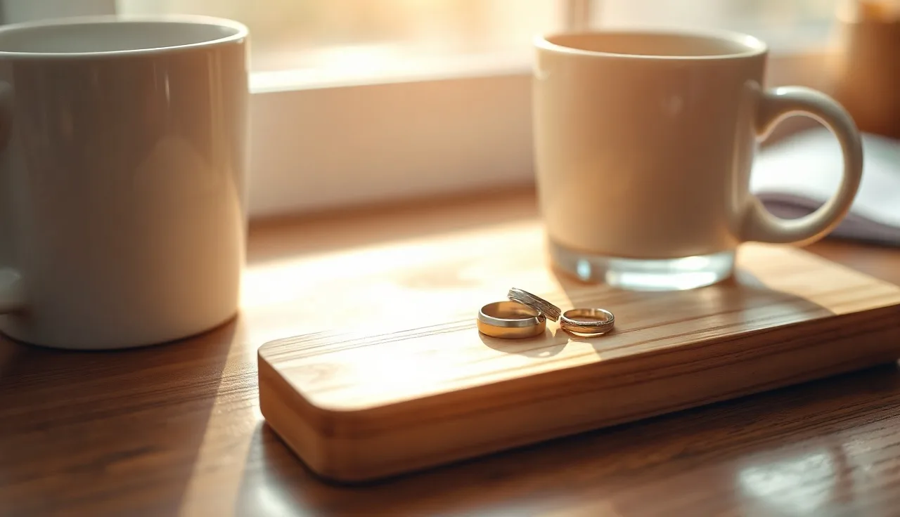 Two wedding rings on a wooden table, one slightly separated, soft morning light