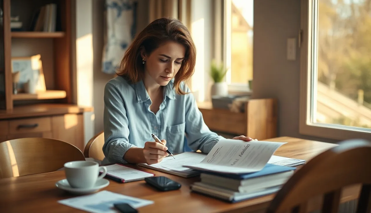 Woman reviewing alimony budget paperwork at kitchen table in morning light