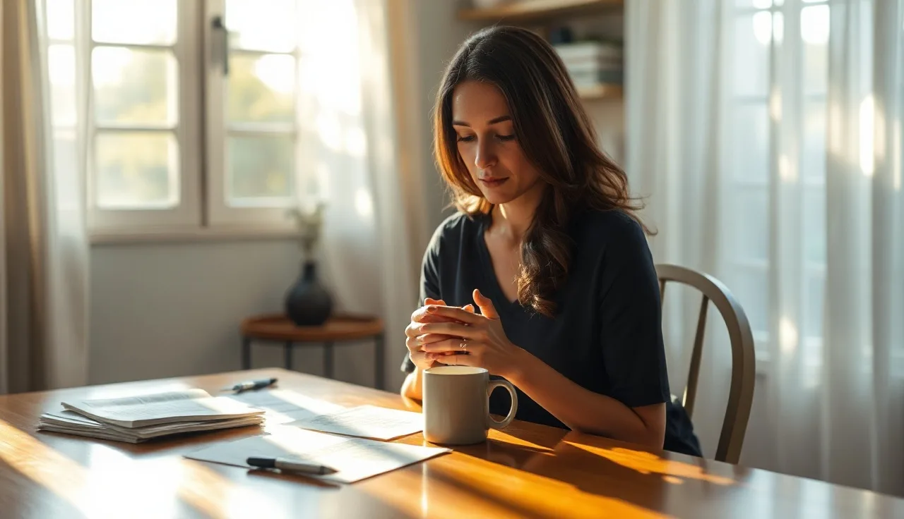 Woman at kitchen table with papers, contemplating Alabama alimony divorce process