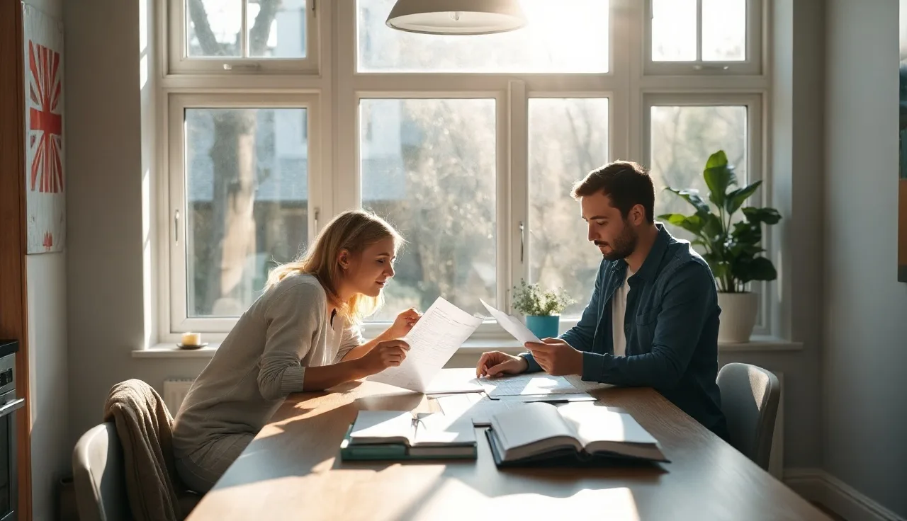 Two adults reviewing spousal support documents together at a sunlit kitchen table