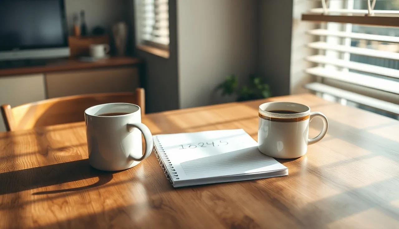 Two coffee mugs and a notepad on a table suggesting a Florida alimony discussion