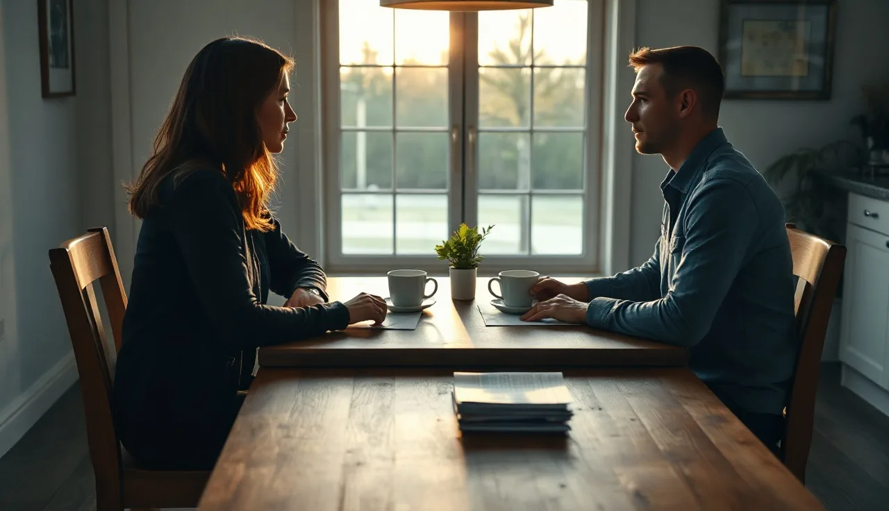 Two spouses reviewing alimony agreement paperwork at a kitchen table
