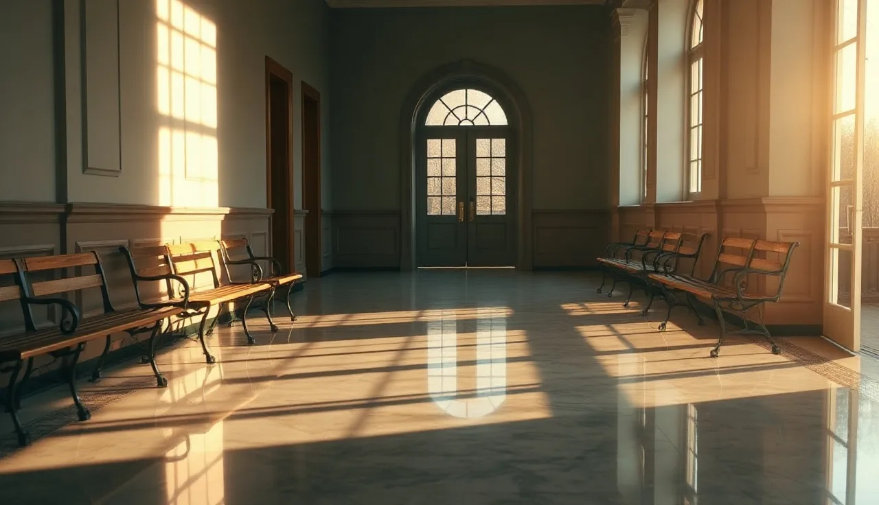 Empty Georgia courthouse corridor with morning light and wooden benches