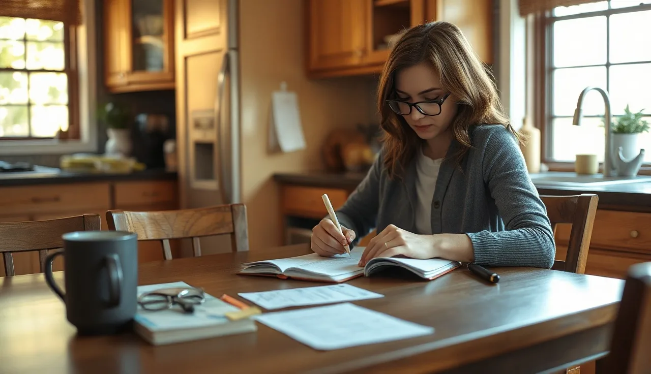 Woman at kitchen table reviewing notes about Indiana spousal maintenance alone in morning light