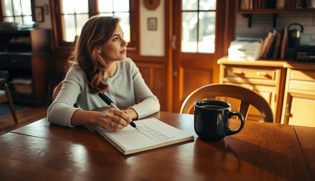 Woman reviewing handwritten financial notes at kitchen table during Louisiana divorce