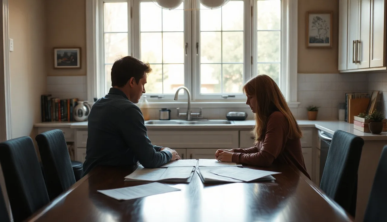 Two spouses reviewing alimony documents at a kitchen table during divorce