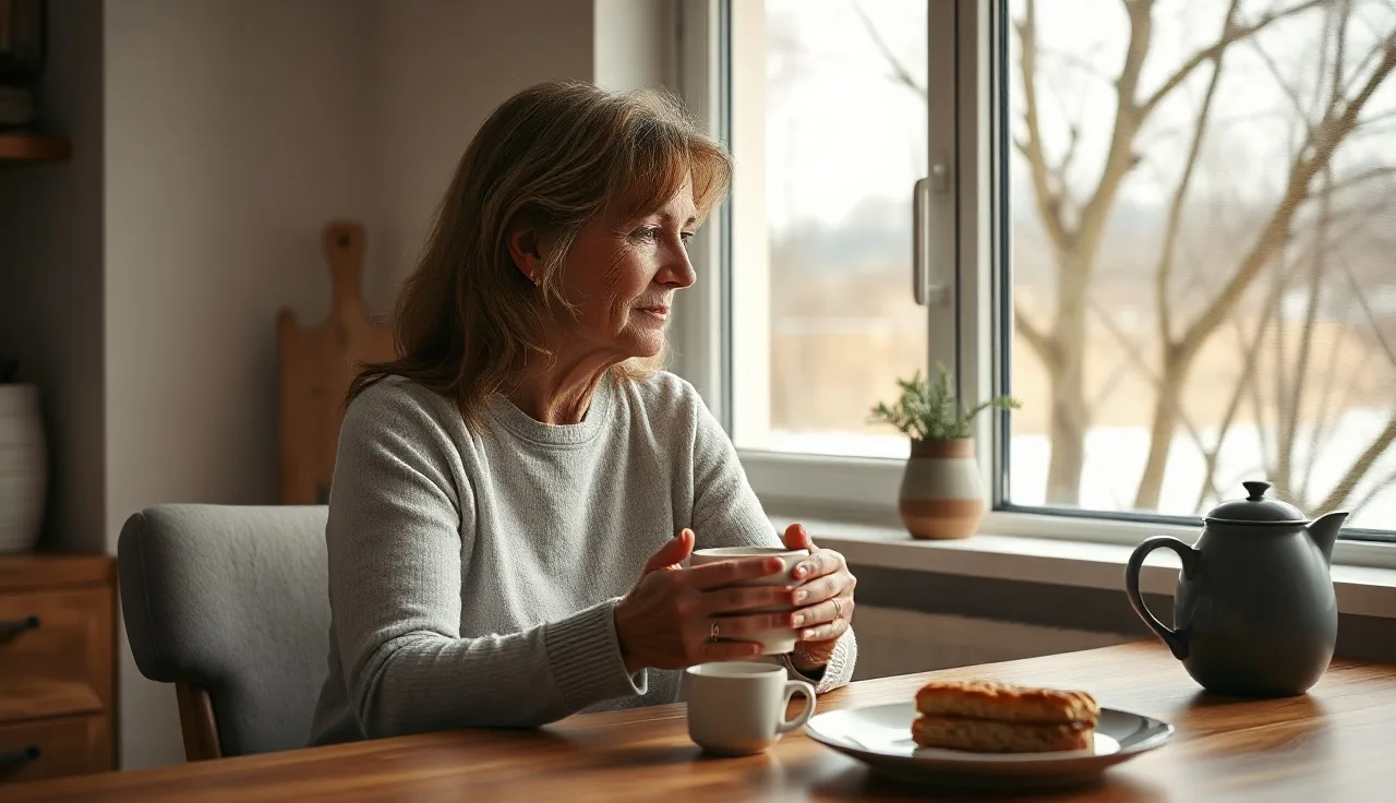 Woman sitting at kitchen table looking out window, contemplating alimony in Michigan