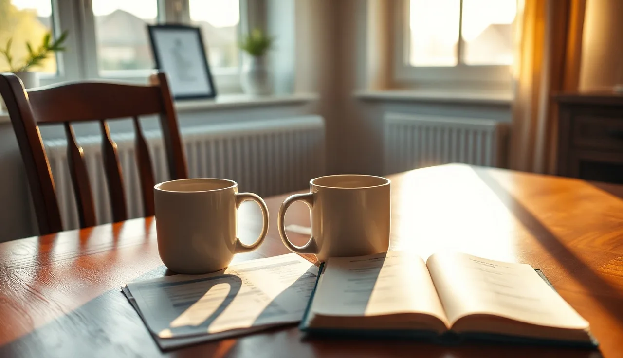 Two coffee mugs and financial papers on a wooden table, suggesting divorce financial planning discussion