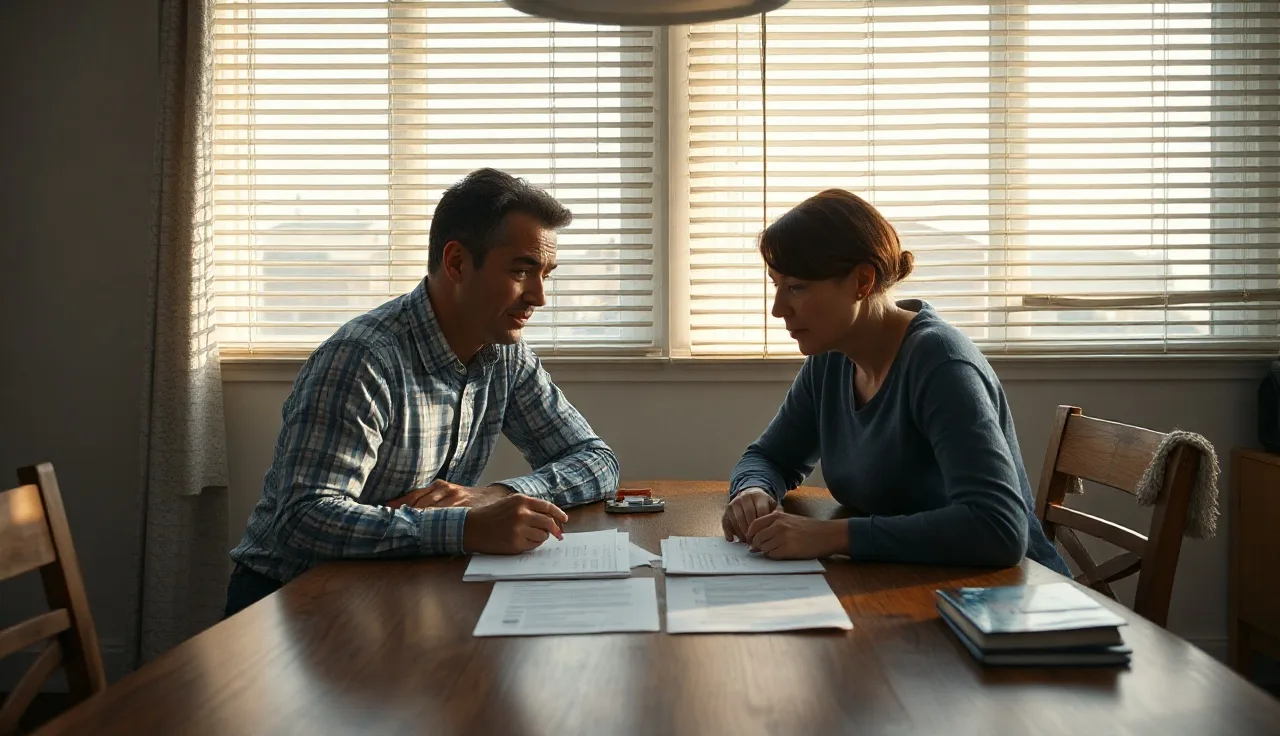 Two people reviewing spousal support paperwork at a kitchen table in morning light