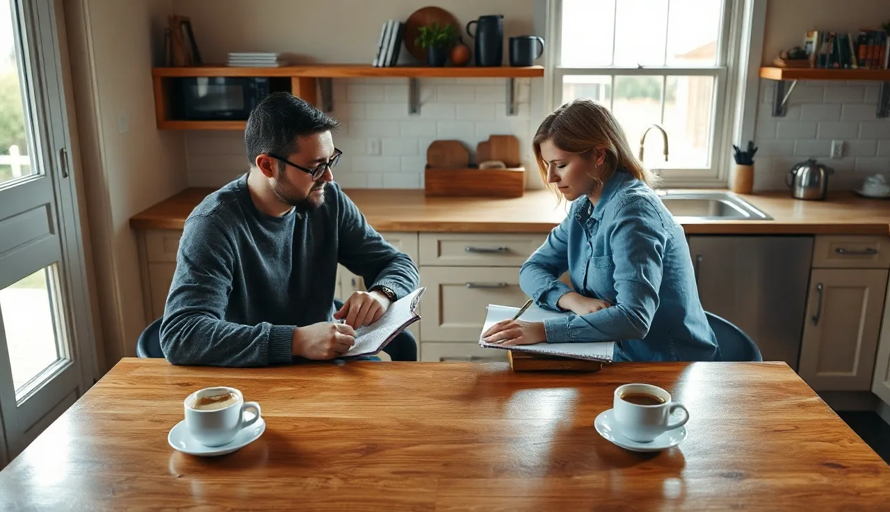 Two people reviewing financial notes at a kitchen table during an Oklahoma divorce discussion