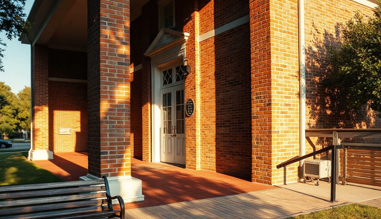 Brick South Carolina family courthouse exterior with wooden bench in warm daylight