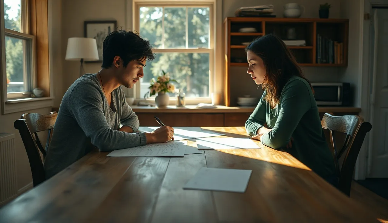 Two people reviewing documents at a kitchen table during divorce alimony discussion