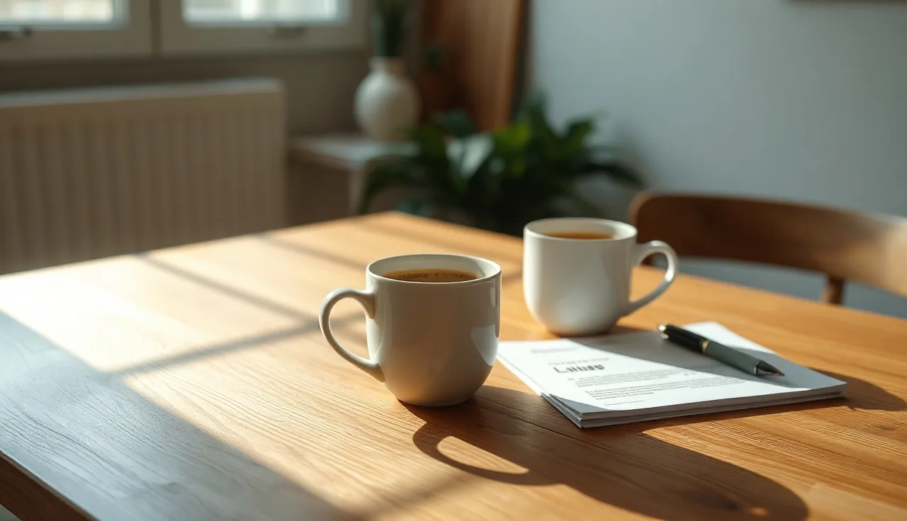 Two coffee cups and unsigned paperwork on a kitchen table during a Washington divorce discussion
