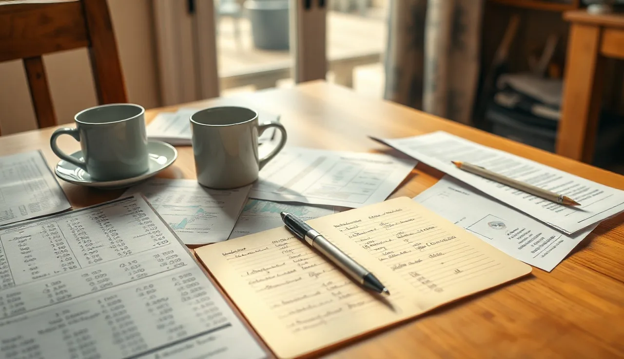 Morning kitchen table with coffee cups and financial calculation papers for alimony planning