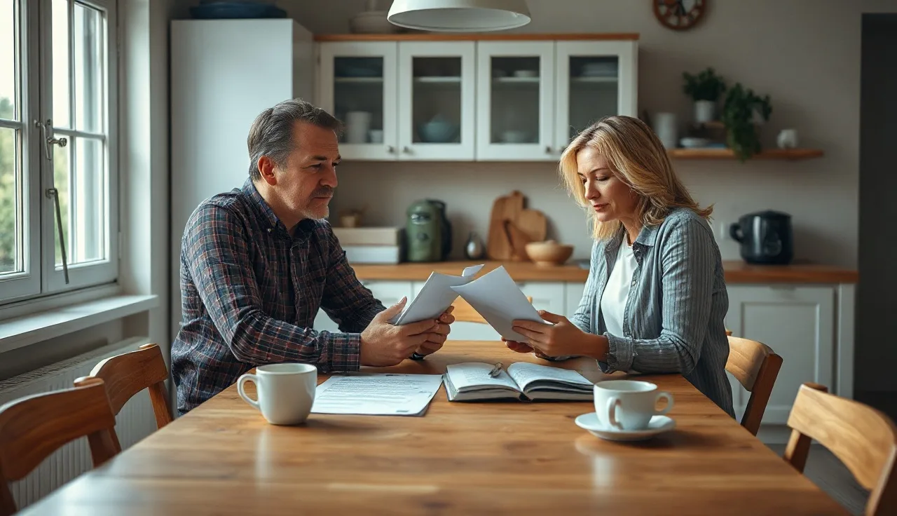 Two spouses reviewing spousal support paperwork at a kitchen table in California