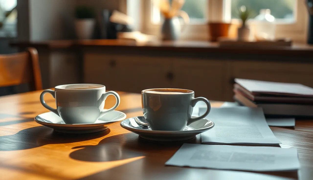 Two coffee cups on a kitchen table suggesting a difficult alimony conversation