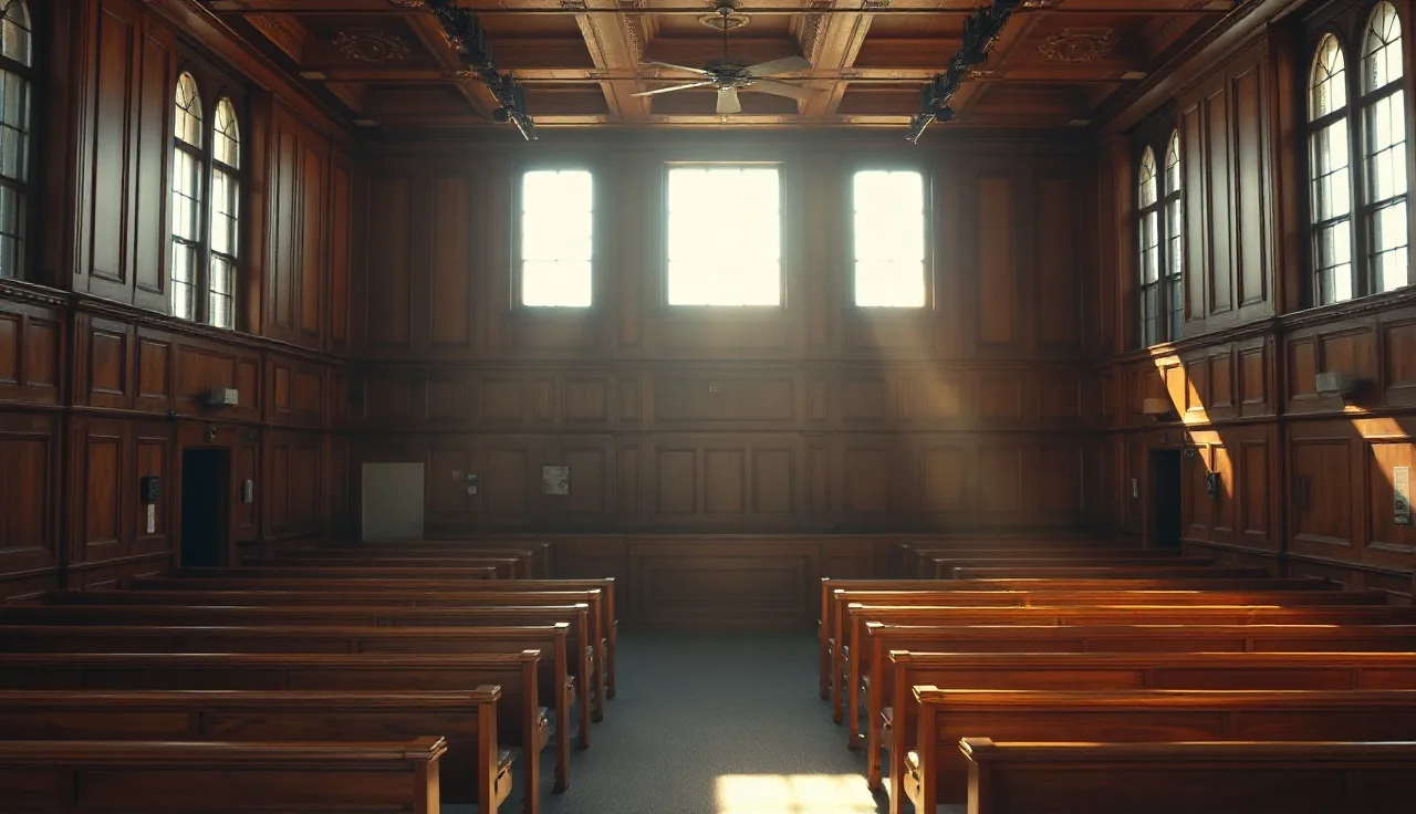 Empty Arizona courtroom with afternoon sunlight through tall windows, alimony hearing setting