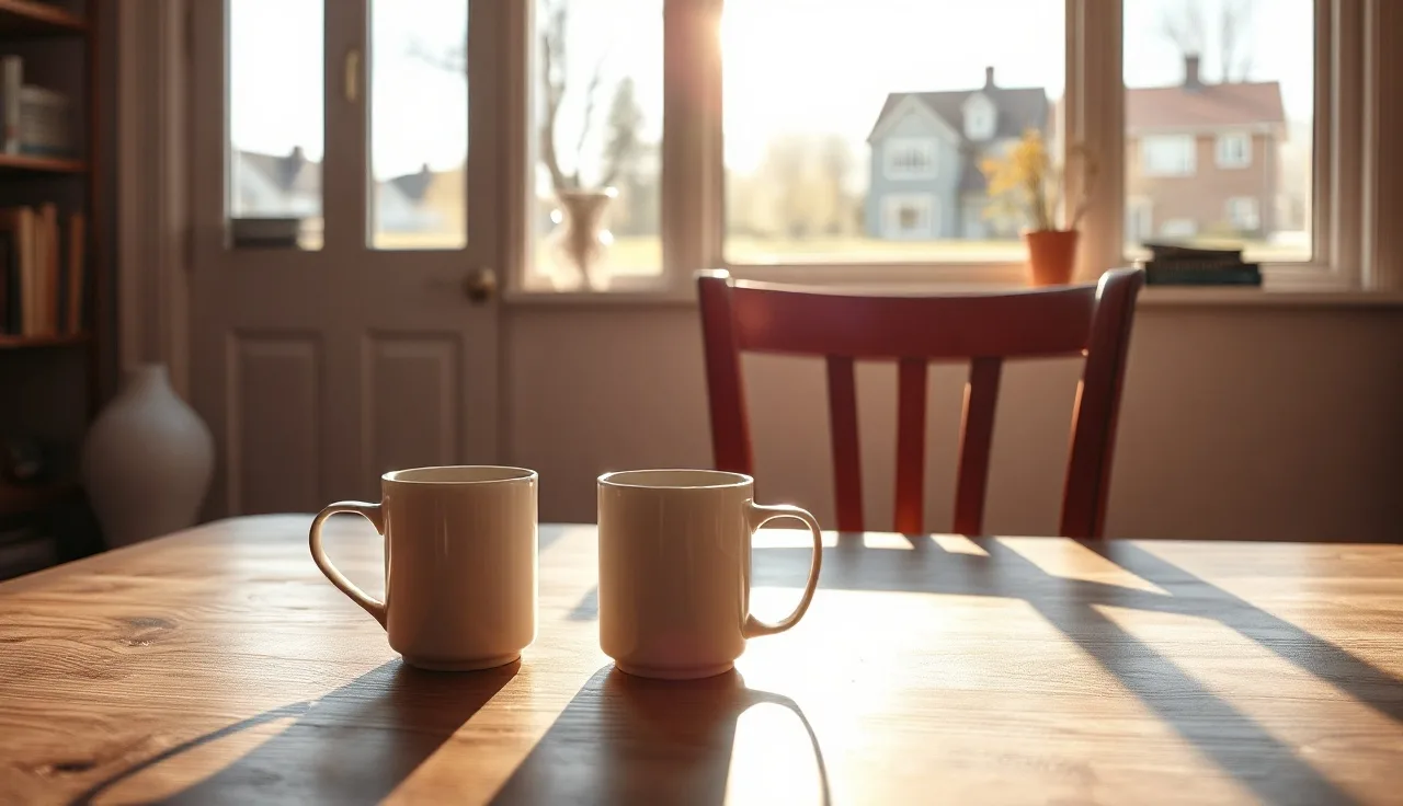 Two coffee mugs on a kitchen table in morning light suggesting an Arizona divorce process beginning