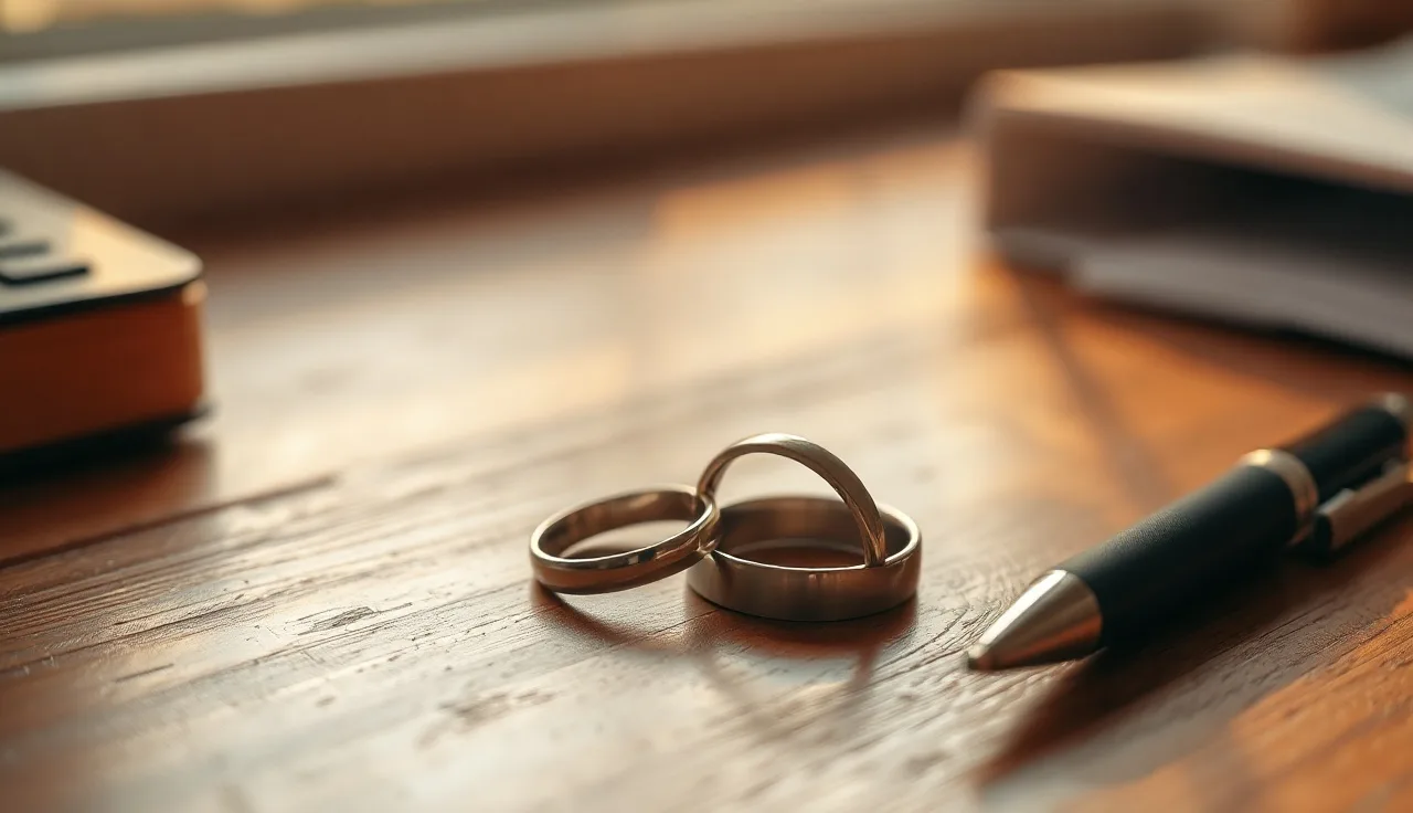 Two wedding rings separated on a wooden table, symbolizing Arizona separation agreement