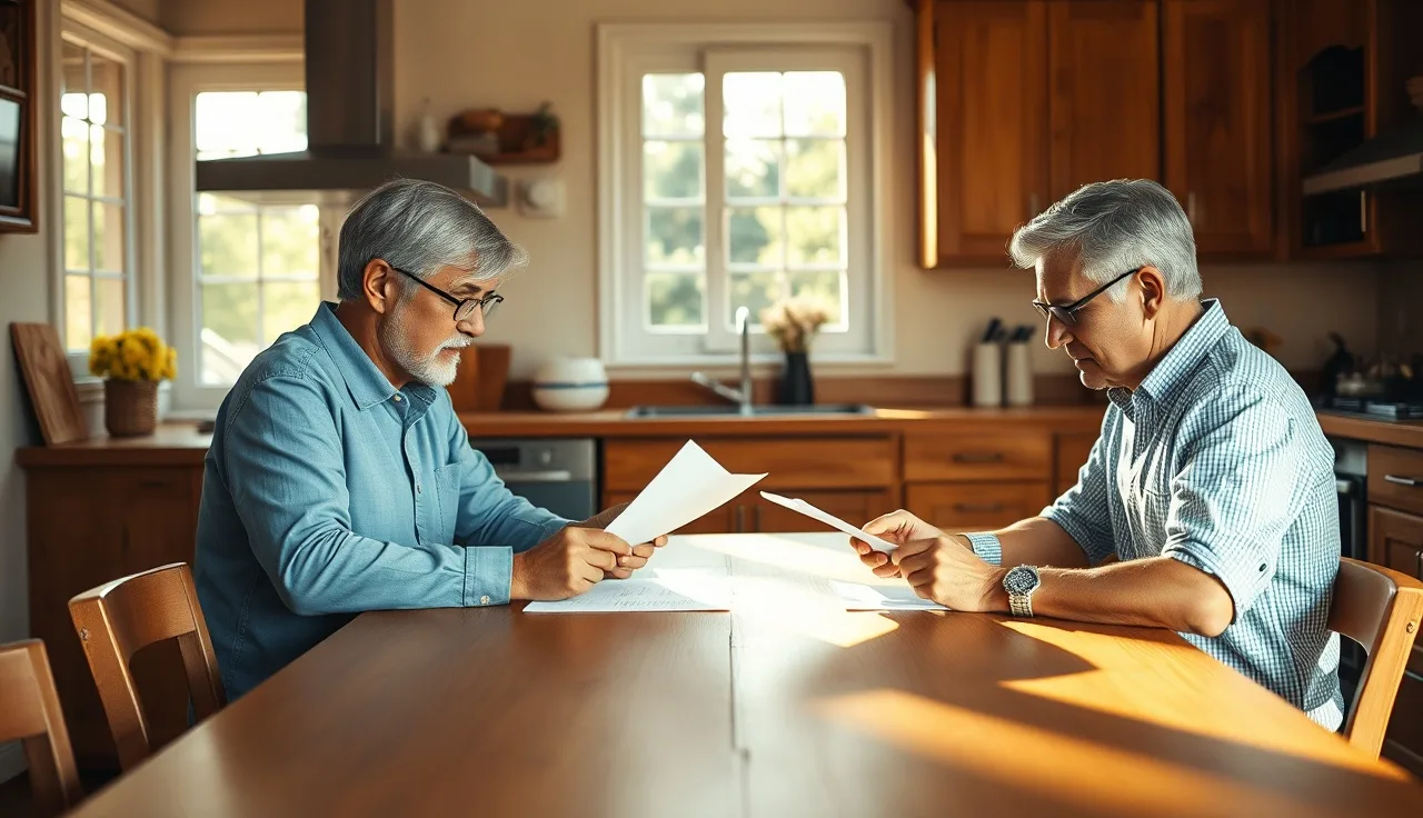 Two adults reviewing amicable divorce paperwork together at a sunlit kitchen table