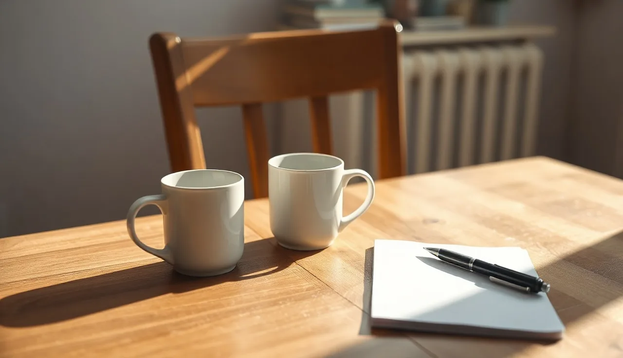 Empty kitchen table with two mugs and a pen, evoking a California divorce decision